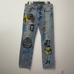 MNML Men's light wash straight leg devil diabolical skull grunge denim jeans 36